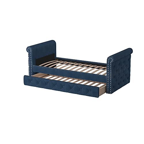 Dg Casa Hesdin Daybed With Trundle Platform Bed Frame With Button Tufting Nailhead Trim Andfull Wooden Slats, Box Spring Not Required-Traditional Upholstered Twin Size Day Bed In Bluefaux Velvet #TOP2