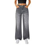  shownicer Jeans Femme Taille Haute Straight Jambes Larges Baggy Pantalon Boyfriend Jean A Gris M