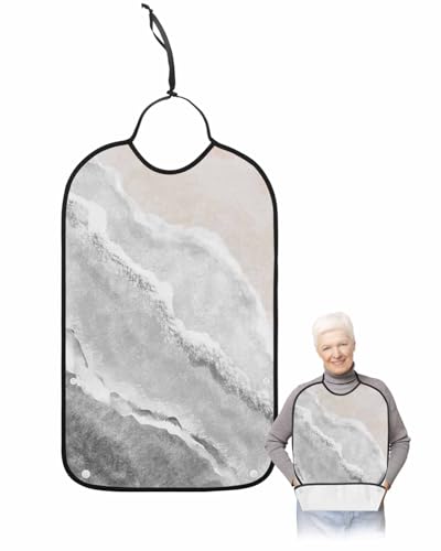 LEOKOTI Grey Summer Beach Adult Bibs for Eating, Waterproof Bibs with Food Catcher & Adjustable Snap Closure, Coastal Nautical Ocean Seaside Washable Clothing Protectors Adult Bibs for Elderly