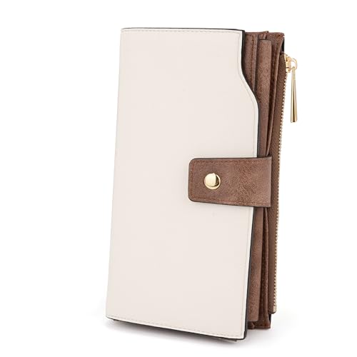 Image of UTO Wallet Women Vegan Leather Wristlet Snap Long Purse Credit Card Holder Elegant Clutch, 0459 Beige with Brown, Large, Compact