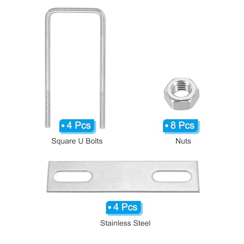 Image of PATIKIL M8x60x160mm Square U-Bolts Kit, 4Set 304 Stainless Steel Square U Shaped Bolts Replacement Parts with Frame Plates and Nuts for Ski Board Sailboat Trailer
