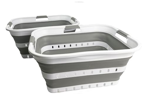 Image of SAMMART 42L (11 gallons) Set of 2 Plastic Foldable Storage Basket/Container - Collapsible, Space Saving and Portable Laundry Hamper, Ideal for Home, Travel, Dorm, and Camping (2, White/Grey)