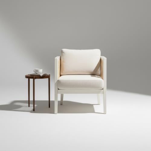 Image of APRODZ Solid Wood Accent Chair for Living Room Mid Century Modern Wooden Upholstered Armchair with Cushion Lounge Chair Cane Back Wooden Frame for Living Room Bedroom Office Seating (White)