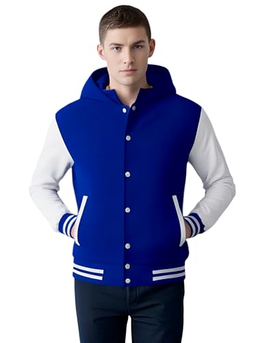 Image of Deckra Men's Varsity Jacket Genuine Leather Sleeve and Wool Blend Letterman Boys College Varsity Jackets with Hood XXS-5XL
