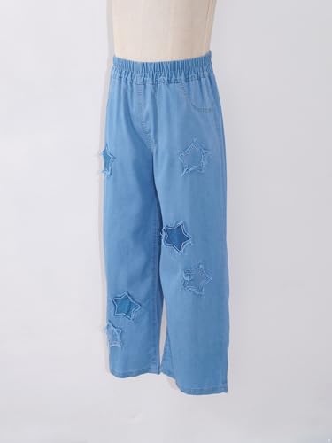 Kids Girls Jeans Star Patches Denim Pants Retro Style Wide Leg Denim Trousers Streetwear for 5-16 Years4