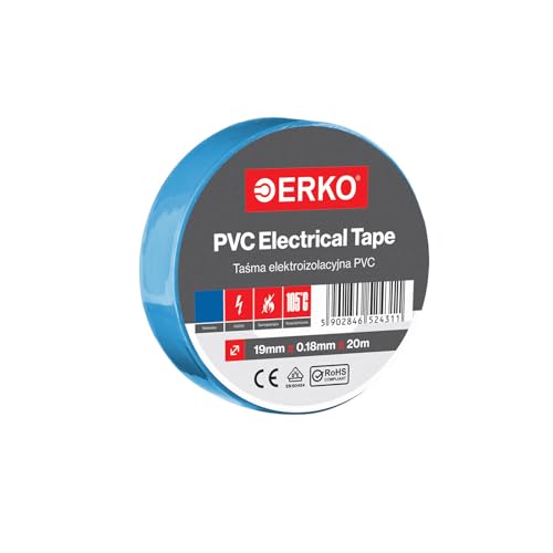ERKO Cinta aislante Azul PVC 19mm x 20m, Reparación de conductos eléctricos, Alta flexibilidad con fuerte adhesión, Resistente a productos químicos, Cloruro de Polivinilo