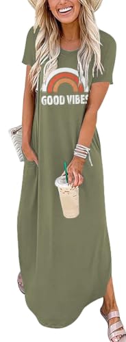 Image of Womens Good Vibes Rainbow Sleeveless Funny Grapic Maxi Dress Summer Casual Letter Tank Dresses with Pockets