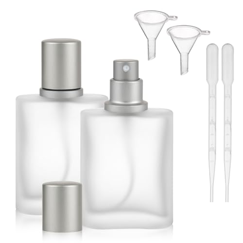 Tikplus 2 Stück Parfümflaschen Leer 30 ml Parfüm Flakon zum Befüllen Mattiert Parfümzerstäuber Sprühflasche Parfüm Nachfüllbar mit Tropfer Trichtern Parfüm Glas Flaschen für Reisen Party (Grau)