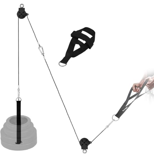 Image of Yes4All Combo 6-Piece Tricep Pulley System for 2 inch Plates, Includes Pulley, Steel Cable, Handle Strap, Foor Strap, Loading Pin Strap & Carabiners - LAT Cable Machine Attachment for Gym 400 LB Capacity