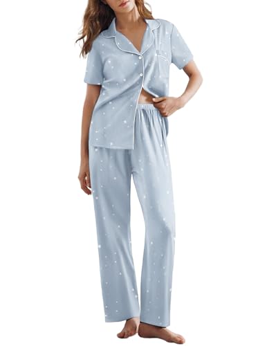 Ekouaer-Womens-Pajamas-Set-Plaid-PJs-Soft-Button-Down-Sleepwear-Short-Sleeve-Nightwear-with-Long-Pants Ekouaer Womens Pajamas Set Plaid PJs Soft Button Down Sleepwear Short Sleeve Nightwear with Long Pants - Image 1
