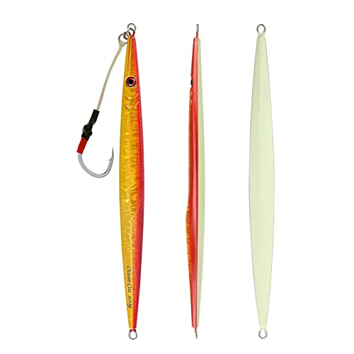 OCEAN CAT Lead Metal Flat Fast Slow Fall Pitch Fishing Jigs Lures Spoons Sinking Vertical Jigging Bait with Hook for Saltwater Offshore Fishing (Red & Gold, 160g)