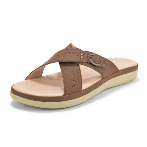 Image of SELBRO Women's Comfort Slip-On Sandals - Lightweight Criss-Cross Strap Flats with Laser-Cut Detail and Cushioned Footbed - Stylish Everyday Walking Flats SAR-CHD126
