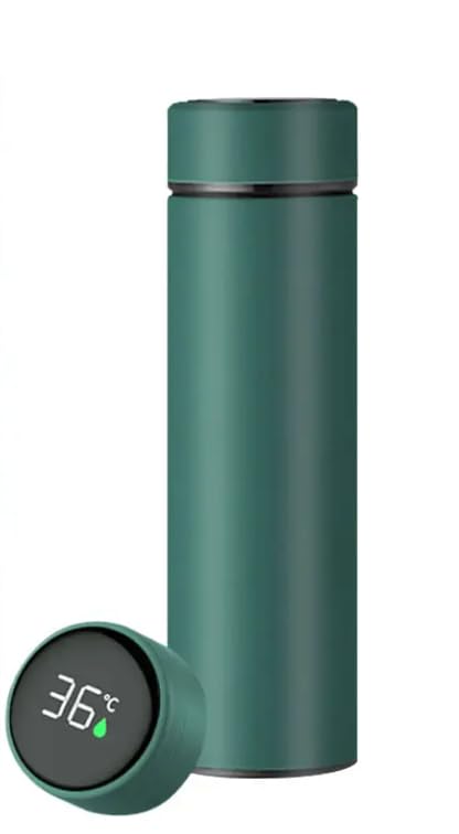 Smart - Termo de acero inoxidable (500 ml, funciona con pilas, duración de hasta 500 días, incluye infusor de té de acero inoxidable, pantalla táctil con indicador de temperatura y código de colores,