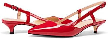 Tanaoen Women's Slingback Patent Leather Pointed Toe Strap Kitten Low Heel Pumps Shoes 1.5 Inch Red 10 | Image 5
