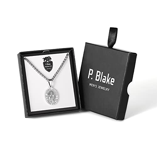 P. BLAKE Oval Saint Christopher/Michael/Joseph/Jude/Virgin Mary/Joseph/Francis/Patrick/Anthony/Benedict/Thomas Necklace for Men Women, Stainless Steel Catholic Patron Pendant with Chain 24 Inches
