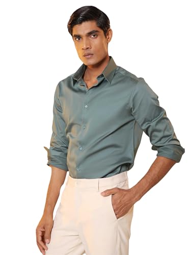 Image of SUBTRACT Men's Slim Fit Solid Spread Collar Cotton Satin Evening Shirt | Stylish Men's Wear Shirt for Office or Party