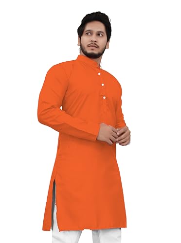 Image of Cotton Blend Full Sleeve Long Plain Kurta for Men