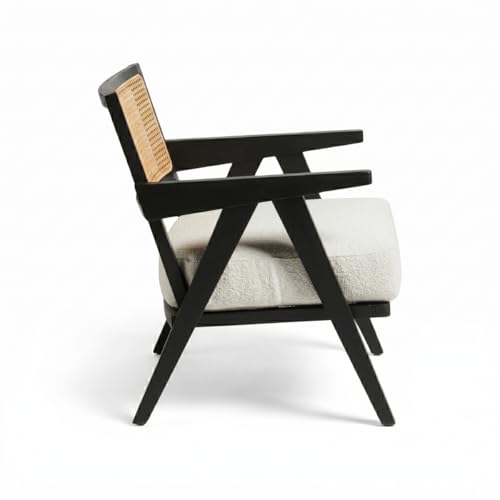 Image of Kingsman Furnitures ABEL Rattan Teak Wood Accent Arm Chair for Home Bedroom, Living, Dining, Drawing Room | Ultra Soft and Comfortable for Stress Free | Removable Cushion (Natural Cane- Boucle)