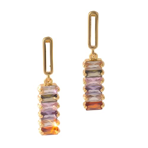 Colorful Zircon Dangle Earrings for Women18K Gold Plated Geometric Square Rainbow Sparkling Crystal S925 Sterling Silver Posts Hypoallergenic Dainty Multicolour Gemstone Drop Earrings