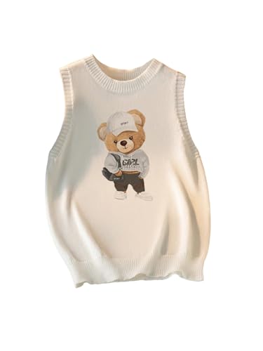 Floerns Women's Cute Bear Print Sweater Vest Sleeveless Crew Neck Knitted Pullover Tops