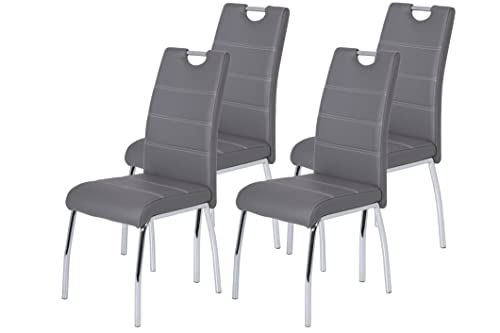 Hela Tische, 4er Set Esszimmerstuhl Susi, Bezug Kunstleder Grau, Griffmulde, Metallgestell Chrom, 43 x 61 x 98 cm