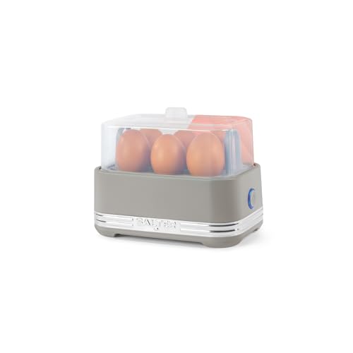 Salter Rise Egg Cooker - Poach, Soft or Hard-Boil up to 6 Eggs, 400W, 2 Poaching Trays, Measuring Cup & Removable Rack, Easy-Storage, Compact Matte Grey Design with Indicator Light