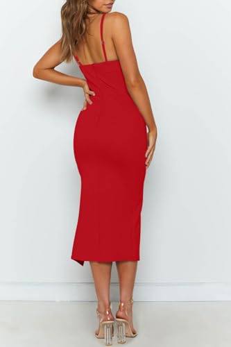 Image of OWIN Women's Adjustable Spaghetti Straps Sleeveless High Waist Split Midi Bodycon Cocktail Party Dress