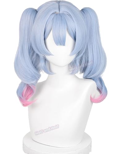 Image of Haze Blue and Pink Anime Ponytail Wig with Bangs Light Blue Curly Twin Tail Lolita Rabbit Singer Costume Wigs for Women Halloween Party Daily