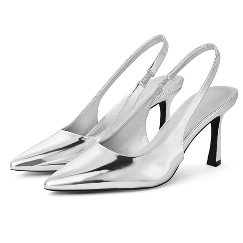 GENSHUO Women's Slingback Heels Closed Pointed Toe Dress Pumps Shoes Slip On 4 Inch High Stiletto Comfortable Sexy Wedding Work Casual Prom Party Metallic Silver