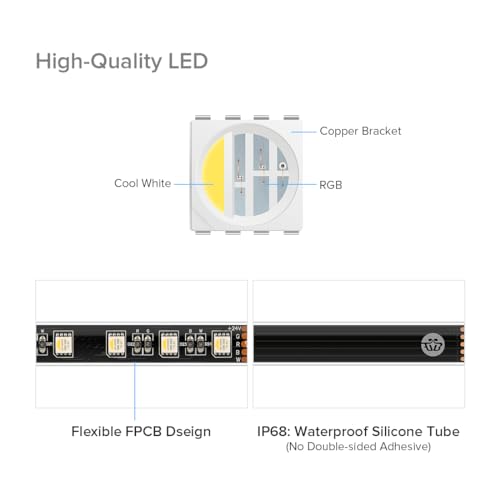 Image of BTF-LIGHTING RGBW LED Strip IP68 Waterproof Cool White DC24V 16.4FT 300LED | Black LED Tape PCB 14mm 5050 4 Colors in 1 RGB + 6000K-7000K Tape Lights Can Work Outdoor(No Adapter or Controller)