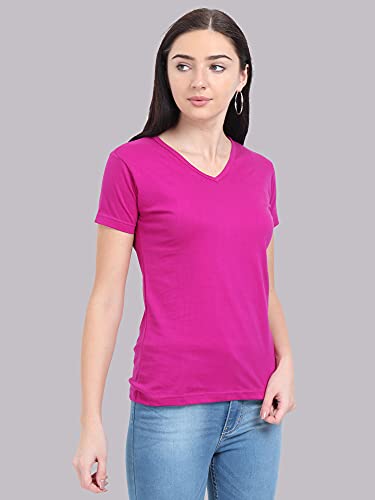 Image of FLEXIMAA Women's Cotton Plain V Neck Half Sleeve T-Shirt