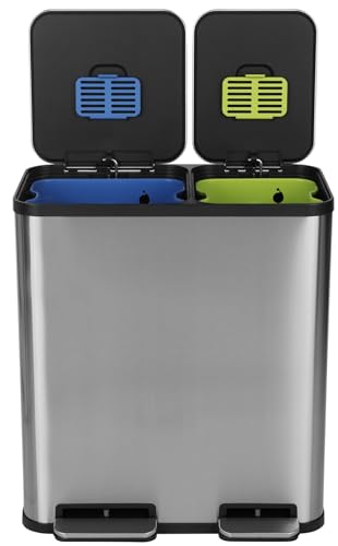 Simpli-Magic 18.5 Gallon (40L x 30L) Dual Compartment Step Trash Can – Kitchen Garbage Can with Waste & Recycling Bins – Slow-Close Lid, Odor Control, Hands-Free, Stainless Steel