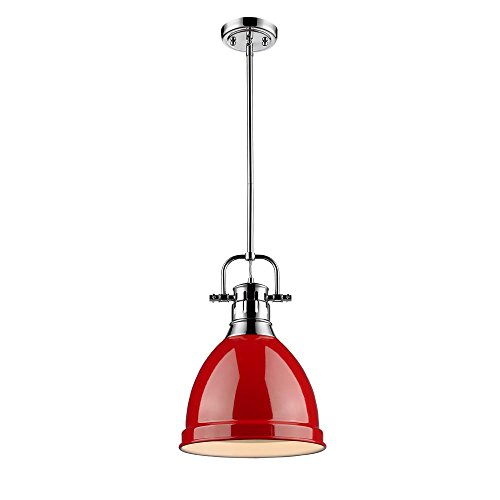 Black Friday 🔥 Golden Lighting 3604-S CH-RD Duncan Pendant, Chrome with Red Shade