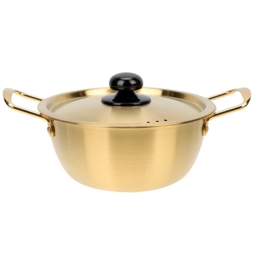 CLISPEED Olla para Fideos Instantáneos de Acero Inoxidable 22 CM Tapa Dorada Olla Pequeña para Ramen Doble Asa Compatible Inducción y Fuego Directo Utensilio de Cocina Resistente al