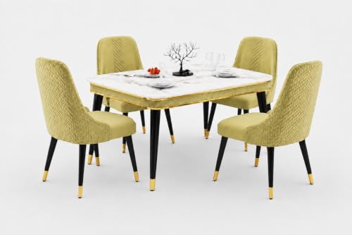 Image of WOODEN SPACE Majestic 4 Seater Wooden Dining Table Set | Urban Marble Top Dining Table with Chairs for Dining Room & Kitchen (Light Green Modern Vento) (54 x 36 x 30 inch)