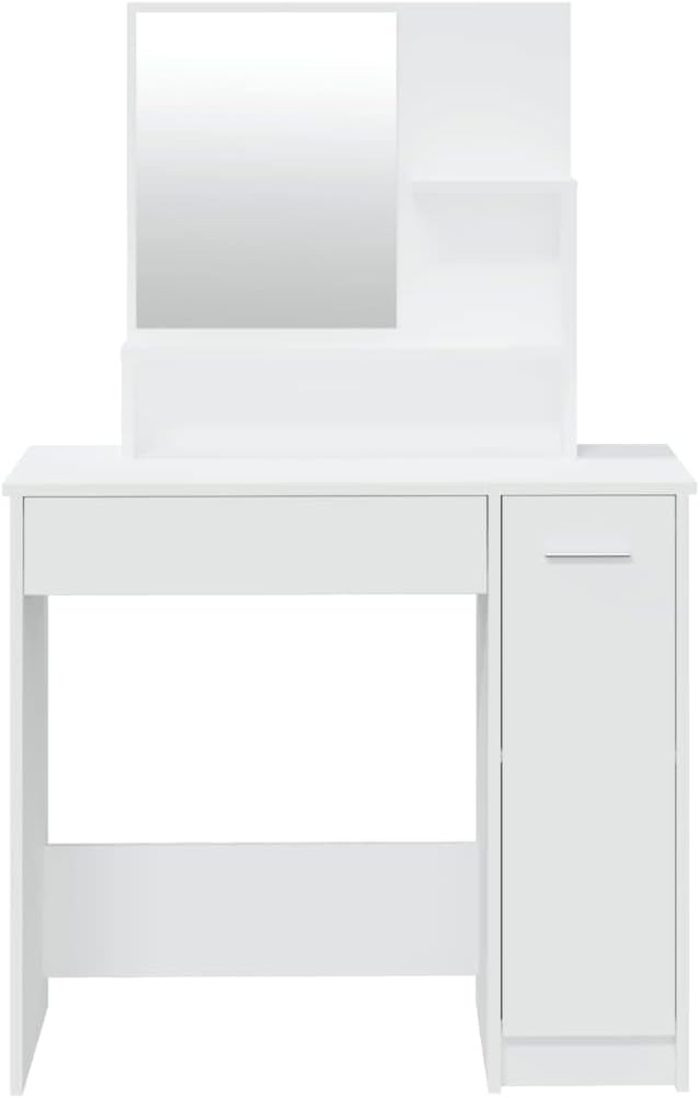 Front view of the vidaXL Dressing Table with Mirror, showing the mirror, open shelves, drawer, and side cabinet.