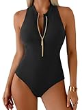 Aidonger Women's Athletic Rash Guard One Piece Swimsuit Zipper Mock Neck Bathing Suit Slimming Racerback Swimwear Black
