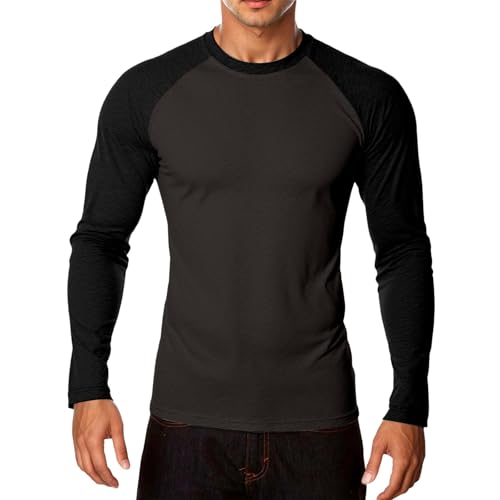YOSUWOAI Camiseta de manga larga para hombre, patchwork, camiseta de béisbol, manga larga, cuello redondo, suéter deportivo, informal, jersey de trabajo, elástico, cómodo, camiseta interior, O negro