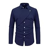 DGHM-JLMY Men's Double-Breasted Fake Two-Piece Everted Placket Shirt Solid Personality British Style Fake 2 Piece Shirts (Dark Blue,X-Large)