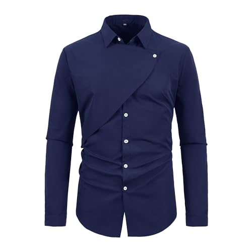 DGHM-JLMY Men's Double-Breasted Fake Two-Piece Everted Placket Shirt Solid Personality British Style Fake 2 Piece Shirts