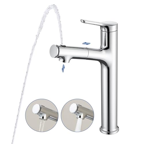 LakeBayMZC Robinet de lavabo haut avec douchette extractible Robinet de salle de bain,Mitigeur monocommande pour lavabo à poser avec 3 types de jets d'eau Douchette extractible,Chrome