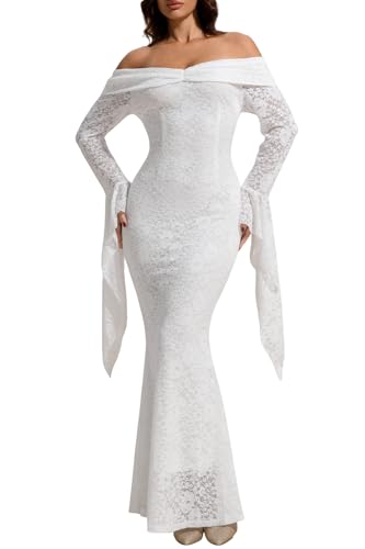Image of Cercis Womens Off The Shoulder Floral Lace Maxi Wedding Dress Boho Flowy Wedding Guest Formal Long Dresses