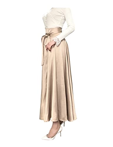 Aibeix Women Elegant High Waist Wrap Tie Front Pleated Full Wing Maxi Skirts (Medium, Khaki) #TOP1