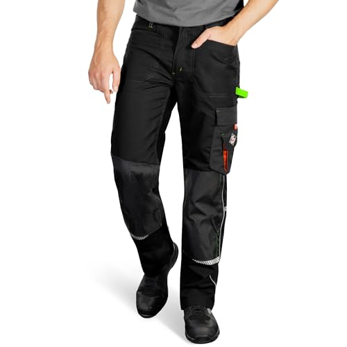 Stenso Prisma Pantaloni da Lavoro Uomo - Pantaloni Cargo Uomo con Tasche rinforzate sulle Ginocchia e Cintura Elasticizzata - Nero/Verde EU48