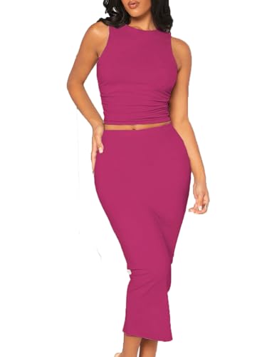 Image of Bdwinz Women's Casual 2 Piece Dress Round Neck Tank Top Bodycon Midi Skirt Dress Set