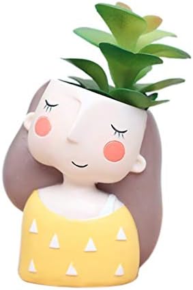 YoufuiCute Girl Cartoon Flowerpot Animal Resin Succulent Planter Desk Mini Ornament (Yellow Dress Girl)