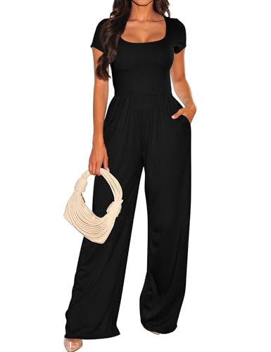 Gokatosau KO214-BLACK-S Women'S Casual Scoop Neck Short Sleeve Ribbed High Waist Wide Leg Jumpsuit Rompers Black cover
