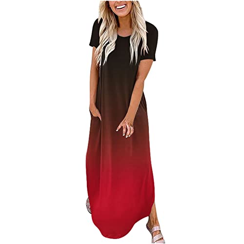 TRIGLICOLEUM Sommerkleid Damen Farbverlauf Lange Kleid Urlaub Strandkleid Kurzärmeliges Wickelkleid mit Rundhals Schlitz Maxikleid Freizeitkleid mit Tasche T-Shirt Kleider Partykleid