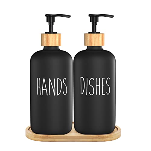Glas Seifenspender Set Schwarz Matt 450ml Flaschen-spülmittelspender küche mit Tablett-Shampoo Spender zum Befüllen(schwarz*2) Cover