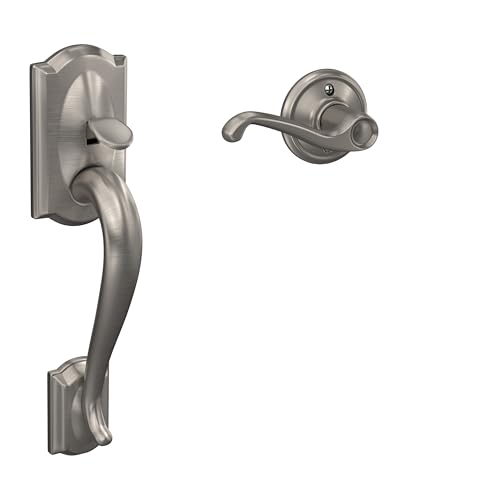 Image of Schlage FE285 CAM 619 FLA RH Camelot Front Entry Handleset with Right-Handed Flair Lever, Lower Half Grip, Satin Nickel
